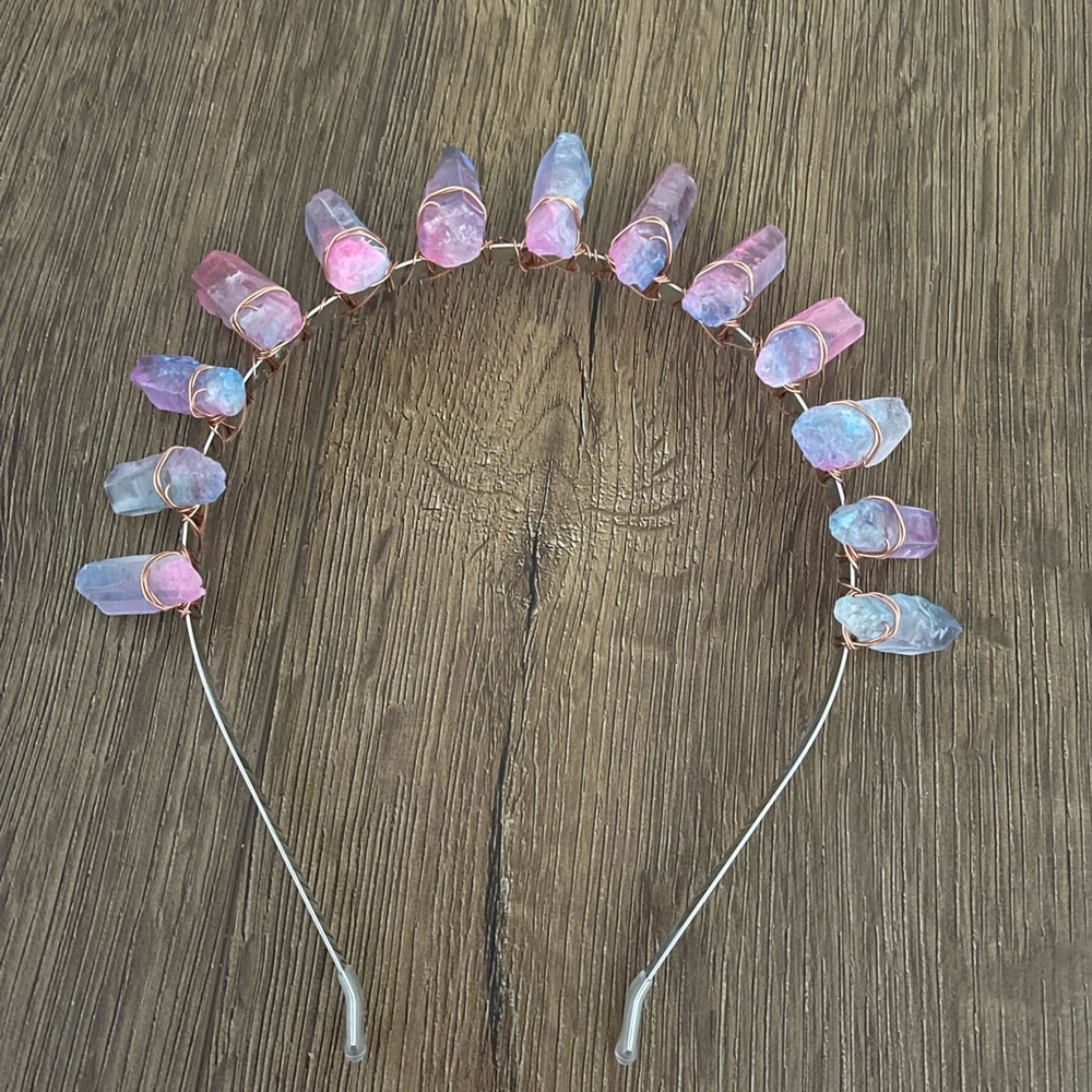 Brand New LARGE Blue & Pink Raw Crystal Crown/Headband - Picture 3 of 15
